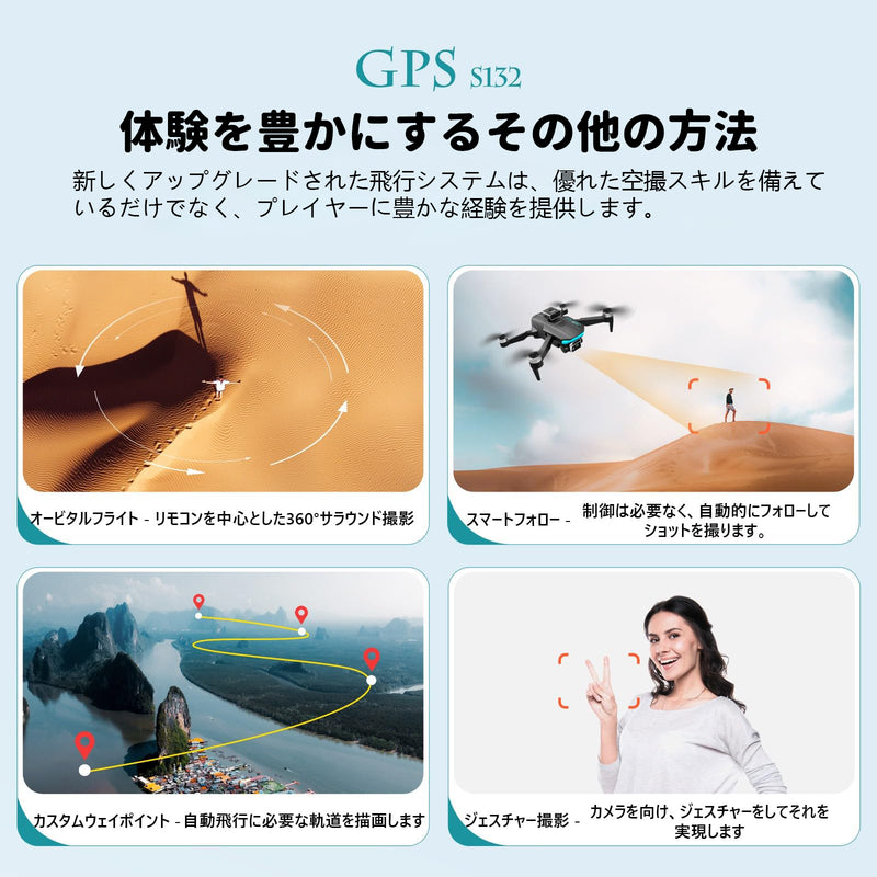 S132 ドローン カメラ付き GPS搭載 ブラシレスモーター付き 4K HDデュアルカメラ 75°電動調整可能 屋内 屋外 ドローン 収納ケース付き GPSオートリターンモード フォローミーモード サラウンド撮影 360°全周障害物回避 オプティカルフロー 高度維持 2.4GHz モード1/2自由転換 国内認証済み 子供・大人向けギフ 誕生日プレゼント